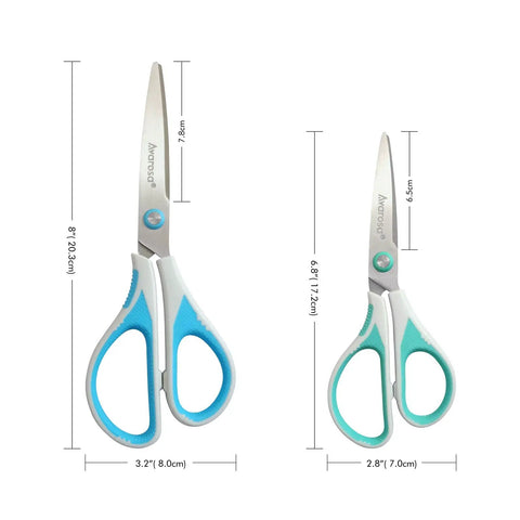 All Purpose Craft Scissors Set For Office And Home Four Pack Six Point Eight Inch And Eight Inch Sharp Stainless Steel Blades With Soft Grip Handles Everyday Workhorse Tools For Paper Cardboard Fabric Tape Packages And More showing two scissor sizes.