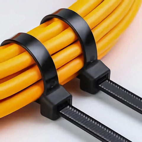 Beefy 24 Inch Cable Ties Pack Of 50 With 200 Lbs Tensile Strength securing yellow cables, UV resistant, self-locking nylon