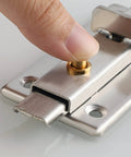 Hella Durable 304 Stainless Steel Hasp Gate Lock With Slide Latch Handle For Shed Barn Door Window Security, close-up of latch.