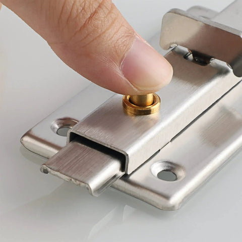 Hand pressing the bolt of 304 Stainless Steel Hasp Gate Lock Door Window Sliding Latch Handle on a smooth surface.