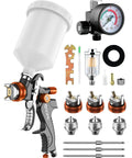 Precision HVLP Spray Gun For Auto Paint Jobs, Equipped With A WideTip Nozzle, accessories including multiple fluid tips and pressure gauge.