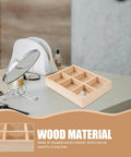 Slick Pine Wood Jewelry Organizer Tray with six compartments on a desk, ideal for rings and bracelets storage.
