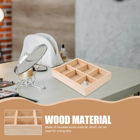 Dope Pine Wood Jewelry Tray With Six Grid Dividers Multi Compartment Ring And Earring Catch All Decorative Desktop Organizer on a table.