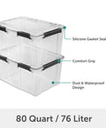 Massive 80 Quart Clear Plastic Storage Bin With Hella Tight Waterproof Seal And Heavy Duty Latches For Stacking Bulky Comforters And Camping Gear In Every Corner, featuring silicone gasket seal and comfort grip.