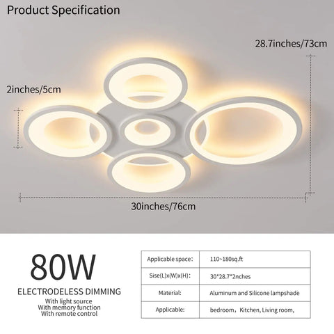 80W Dimmable LED Ceiling Light With Remote Control 5 Ring Flush Mount Acrylic Lamp White Chandelier Lighting For Living Room Dining Room Bedroom Kitchen 7200lm Dope Bright LED Fixture dimensions and specifications image showing ring lights.