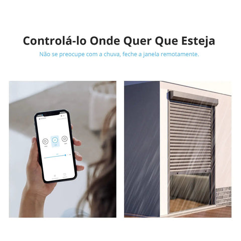Hand holding smartphone controlling Smart Curtain Switch With Power Metering Dual Relay DIY Controller in rainy weather