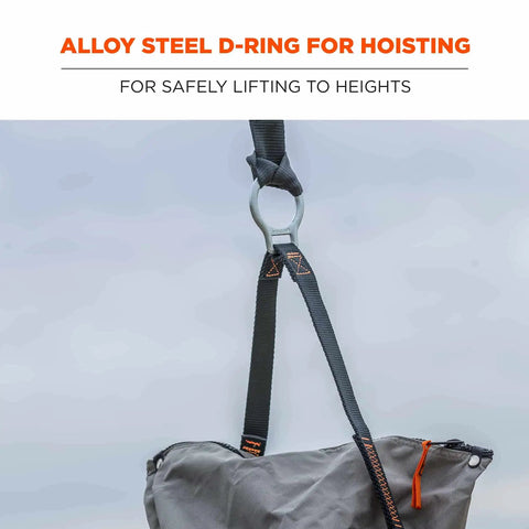Detail of D-ring and strap on 5973 Large Nylon Hoist Bucket Tool Bag With D-Rings And Zipper Top Gray, showing hanging position.