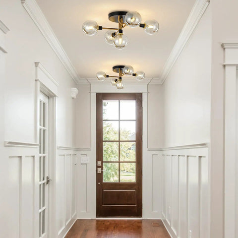 Five Light Black And Gold Brushed Metal Sputnik Ceiling Light With Glass Globes Semi Flush Mount in hallway