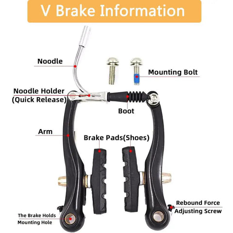 Universal Bike Brakes Set Front And Rear For Mountain And Road Bikes, detailed V-brake assembly parts labeled diagram