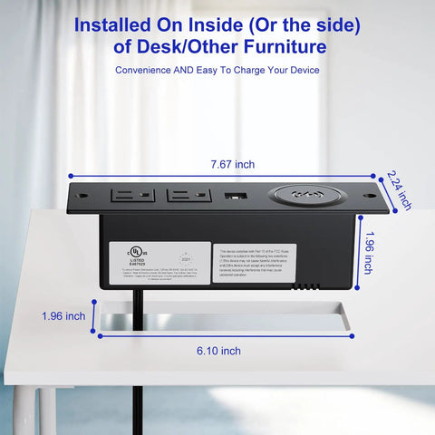 Recessed Power Strip With USB Ports And 10W Wireless Charging Station for desk with dimensions and black finish