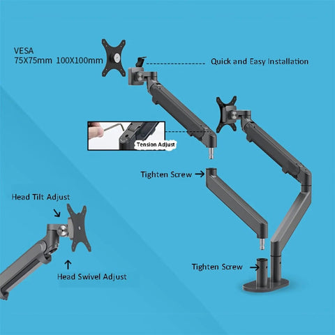 Game Changing Dual Monitor Stand With Smooth Gas Spring Lift Fits 17 To 32 Inch Displays Offers No Sweat Vesa Mounting And Flexible Full Motion Adjustment, showcasing installation features and adjustments.