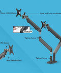 Game Changing Workspace Upgrade With Reliable Gas Spring Dual Monitor Rack For 17 To 32 Inch Displays Aluminum Full Motion Desk Clamp Arm Supports 17 6 Lbs Each Side Matte Silver Grey showing adjustment features and installation steps.