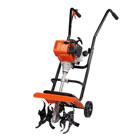 Backyard Ready 31cc 4 Stroke Tiller Cultivator With Four Steel Adjustable Front Tines, EPA Certified, Easy Start, Orange, front view