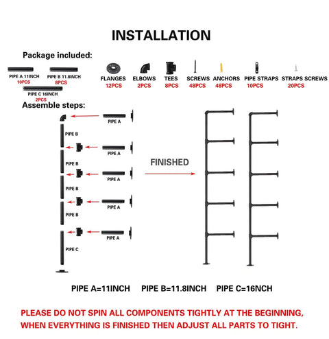 Installation guide for Industrial Pipe Shelf Kit With Wall Mount Brackets And Five Tier Open Shelves In Black Matte 68 Inches Tall