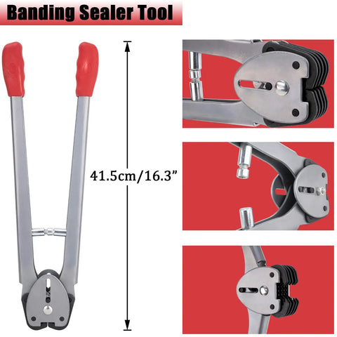 All‑In‑One Pallet Strapping Kit With Poly Strapping Bundle Tool And Sealer, Heavy Duty Banding sealer tool with red grips.
