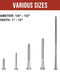 Various sizes of hot dip galvanized carbon steel lag screws, including a half inch by twelve inch lag bolts with washers, 12 pack.