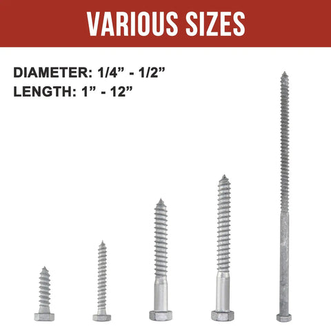 Various sizes of lag bolts, diameter 1/4 inch to 1/2 inch, length 1 inch to 12 inches. Focus: Wood Lag Bolts For Outdoor DIY Projects Quarter Inch By Three Inch 100 Count With Flat Washers Heavy Duty Outdoor Grade Hex Head Screws For Strong Wood Joints Corrosion Resistant By HROMIGRY.