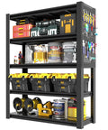 Rock Solid Heavy Duty Garage Shelving Built Like A Tank For Two Thousand Pound Loads Thickened Steel Storage Rack With Two Pegboards Adjustable Five Tier Utility Shelf For Serious Workshop Organization Black filled with tools and bins.