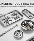 Magnetic tool and tray set, front view with metal trays containing screws, washers, and drill bits.