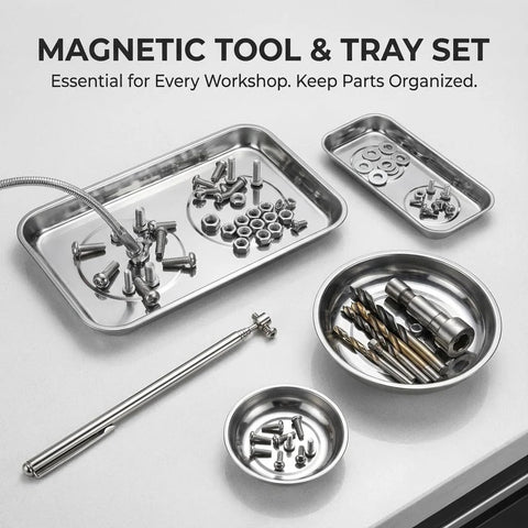 Magnetic tool and tray set, front view with metal trays containing screws, washers, and drill bits.