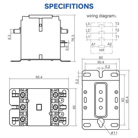 Technical diagram of Three Pole 40 Amp 240V AC Definite Purpose Contactor for air conditioner condenser with wiring and dimensions.