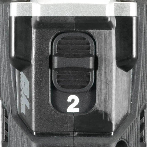 Close-up of the speed setting dial on Sub Compact Brushless Cordless Drill Driver Kit With Metal Chuck And Two Speed Gears.