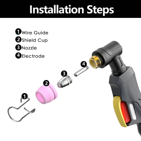 Installation steps showing Plasma Cutter Consumables Kit With Tips Nozzles Electrodes Shield Cups And Spacer Guides For 50 To 60A Torches