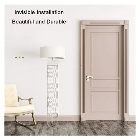 Super Silky Soft Close Hidden Cabinet Hinges Zero Drama Adjustable Stainless Steel Invisible Pivot Hardware For Heavy Duty Wooden Doors Fast Fit No Tools Required, view of a modern door and lamp.