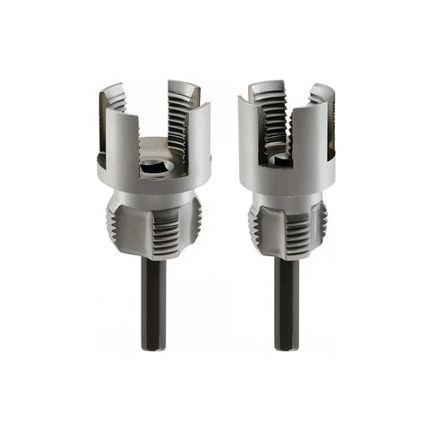 Electric Drill Compatible Pipe Threading Tool Set With 1/2 And 3/4 Inch Dies, Heavy Duty PVC Thread Cutter Kit showing two steel dies.