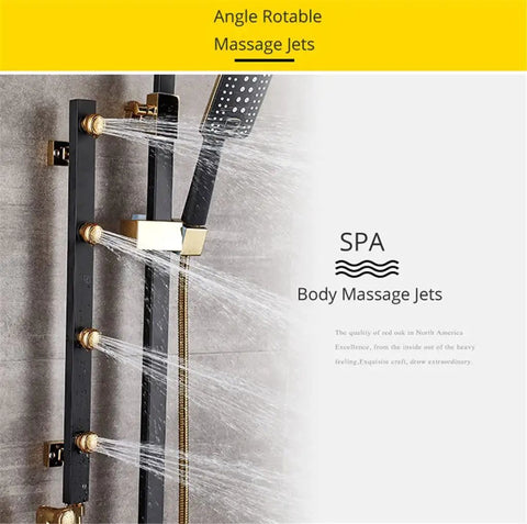 Golden White Shower Faucet In Wall Mixer System Rainfall Brass Body Massage Set Swive Spout(Black) with angle rotatable massage jets.