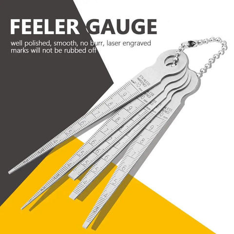 Pro Grade Stainless Steel Welding Taper Feeler Gauge Set on display with chain, 5-piece tool, 0.1mm resolution, laser engraved.