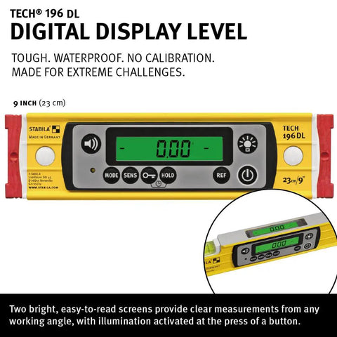 Heavy Duty Digital Spirit Level 9 Inch Torpedo Gauge With Dual Illuminated Lcd Displays IP67 Waterproof Dustproof Rugged Tool Built Tough For The Daily Construction Hustle And Dead Nuts Precision, showing dual LCD displays.