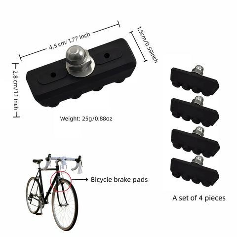 All Weather Road Bike Caliper Brake Pads 4 Piece Set For Quiet Braking With Mud Drain Slots Fits Most C Type Caliper Systems 1.77 Inch Pads For Aluminum And Steel Rims Ideal For Commuting And Leisure, shown with dimensions and weight details.