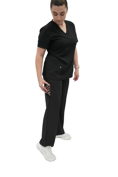 Woman wearing Women's High Waisted Wide Leg Yoga Style Scrub Pants Keeping You Fresh During Nightshifts With Super Comfy Stretch Premium Black Medical Nursing Uniform X Large, showing zippered pockets.
