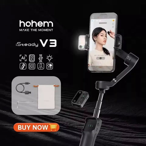ISteady V3 3 Axis Smartphone Gimbal with Magnetic AI Tracking, removable remote, telescopic rod, and tripod for action filming.