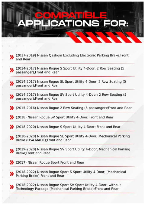 Compatible applications list for Nissan Qashqai and Rogue Front and Rear Brake Kit With Ceramic Pads and Blank Rotors Hardware.