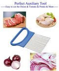 Front view of blue-handled stainless steel crinkle cutter with multiple tines for slicing vegetables