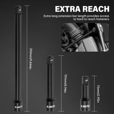 Heavy Duty Four Piece Three Eighths Inch Drive Impact Extension Bar Set With Universal Joint, extra reach extension tools