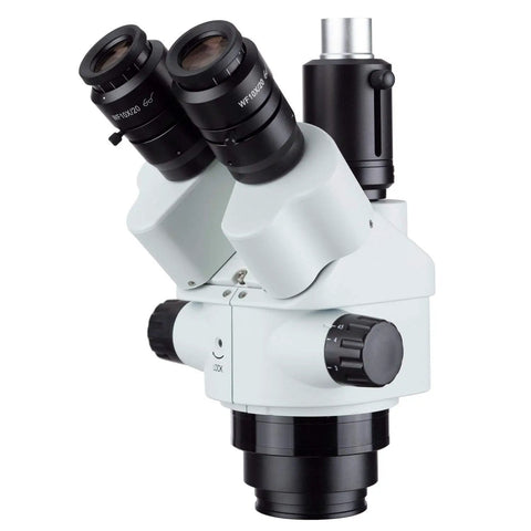 Go-To Trinocular Zoom Stereo Microscope Head 7x-45x Continuous Magnification with 30mm 10X Widefield Eyepieces, white body with black eyepieces