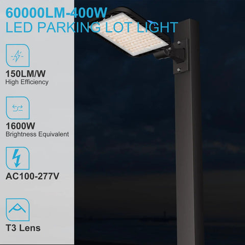 Ultra Bright LED Parking Lot Light Arm Mount 60000 Lm Shoebox Style 5000K Outdoor Pole Light with LED specs in view
