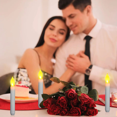108 Piece Flameless LED Taper Candles Set Battery Operated Flickering Candlesticks No Mess Easy Setup For Halloween Christmas Weddings Church Parties Decoration White For Any Occasion with couple dining