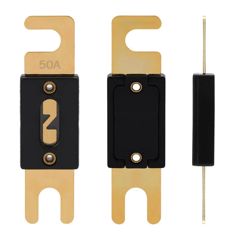 Dead Simple Wiring ANL Fuse 50 Amp Inline Blade with gold plating, designed for car audio and compatible with 12V 24V systems.