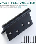 Black 6 pack 4x4 inch ball bearing door hinge with square corners, stainless steel heavy duty exterior hinges and 48 matching screws.