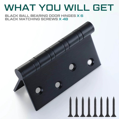 Black 6 pack 4x4 inch ball bearing door hinge with square corners, stainless steel heavy duty exterior hinges and 48 matching screws.