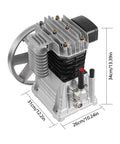 Beefy 3HP Twin Cylinder Air Compressor Pump Head with Silencer, 250L/min flow, aluminum and iron build, front view with dimensions.