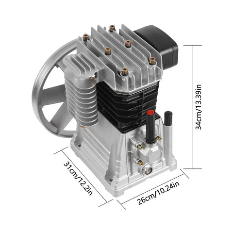 Beefy 3HP Twin Cylinder Air Compressor Pump Head with Silencer, 250L/min flow, aluminum and iron build, front view with dimensions.