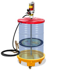 Workhorse 50 To 1 Ratio Pneumatic Grease Pump With 16 Foot Tubing And Universal Fit For 55 Gallon Drums on a clear barrel with wheels.