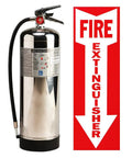 Badass 2.5 Gallon Water Fire Extinguisher With Hella Heavy Duty Steel Bracket And Warning Sign UL ULC Listed next to safety sign.