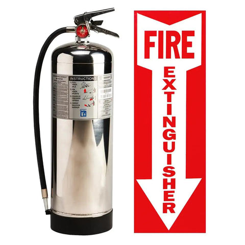 Badass 2.5 Gallon Water Fire Extinguisher With Hella Heavy Duty Steel Bracket And Warning Sign UL ULC Listed next to safety sign.