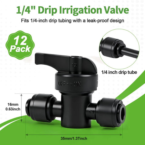 12 Piece Quick Connect Drip Irrigation Shut Off Valve Fittings 1 Quarter Inch Inline Valves For Drip Tubing Leak Free Sprinkler System Connection Universal Kit For Easy Maintenance And Reliable Watering, showing 1/4 inch valve